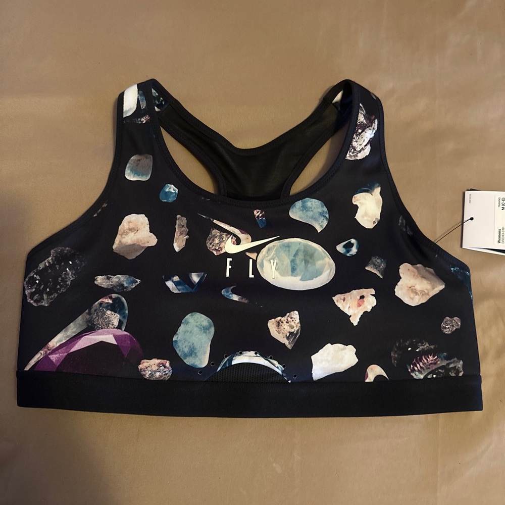 NEW Nike High Support Swoosh Fly Printed Bra Medium (C-E) Black Adjustable